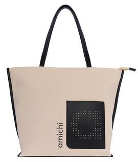 Shopper AMICHI beige-negro logo perforado