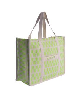 Bolsa AMICHI  playa cuadrada beige cuadrados verdes