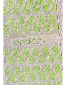 Bolsa AMICHI  playa cuadrada beige cuadrados verdes