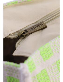 Bolsa AMICHI  playa cuadrada beige cuadrados verdes