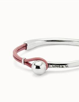 Pulsera UNO DE 50 aro plata trozo cuero rosa