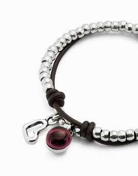 Pulsera UNO DE 50 cuero cuentas y cristal de Murano morado