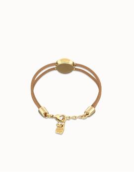 Pulsera UNO DE 50 cuero camel doble con piedra de nacimiento