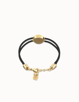 Pulsera UNO DE 50 cuero negro doble con piedra de nacimiento