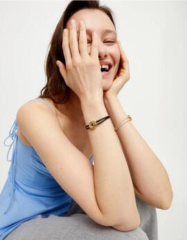 Pulsera UNO DE 50 cuero negro doble con piedra de nacimiento