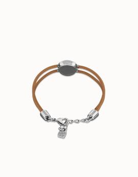 Pulsera UNO DE 50 cuero camel doble piedra nacimiento ojo