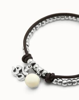 Pulsera UNO DE 50 cuero con cristal de Murano color marfil