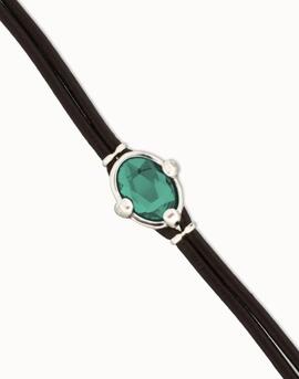 Pulsera UNO DE 50 cuero con cristal facetado ovalado verde