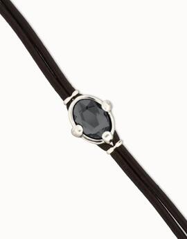 Pulsera UNO DE 50 cuero con cristal ovalado negro facetado