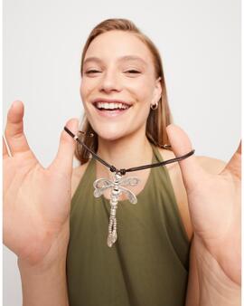 Colgante UNO DE 50 largo cuero libelula plata