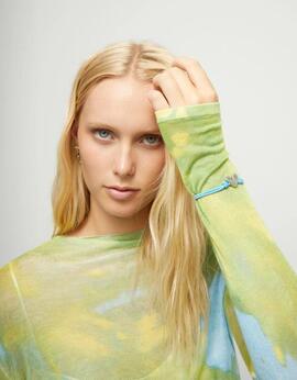 Pulsera UNO DE 50  hilo elástico azul con corazón