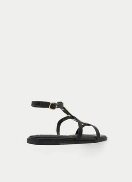 Sandalia AZAREY piel negra plana 2 ovalos dorados